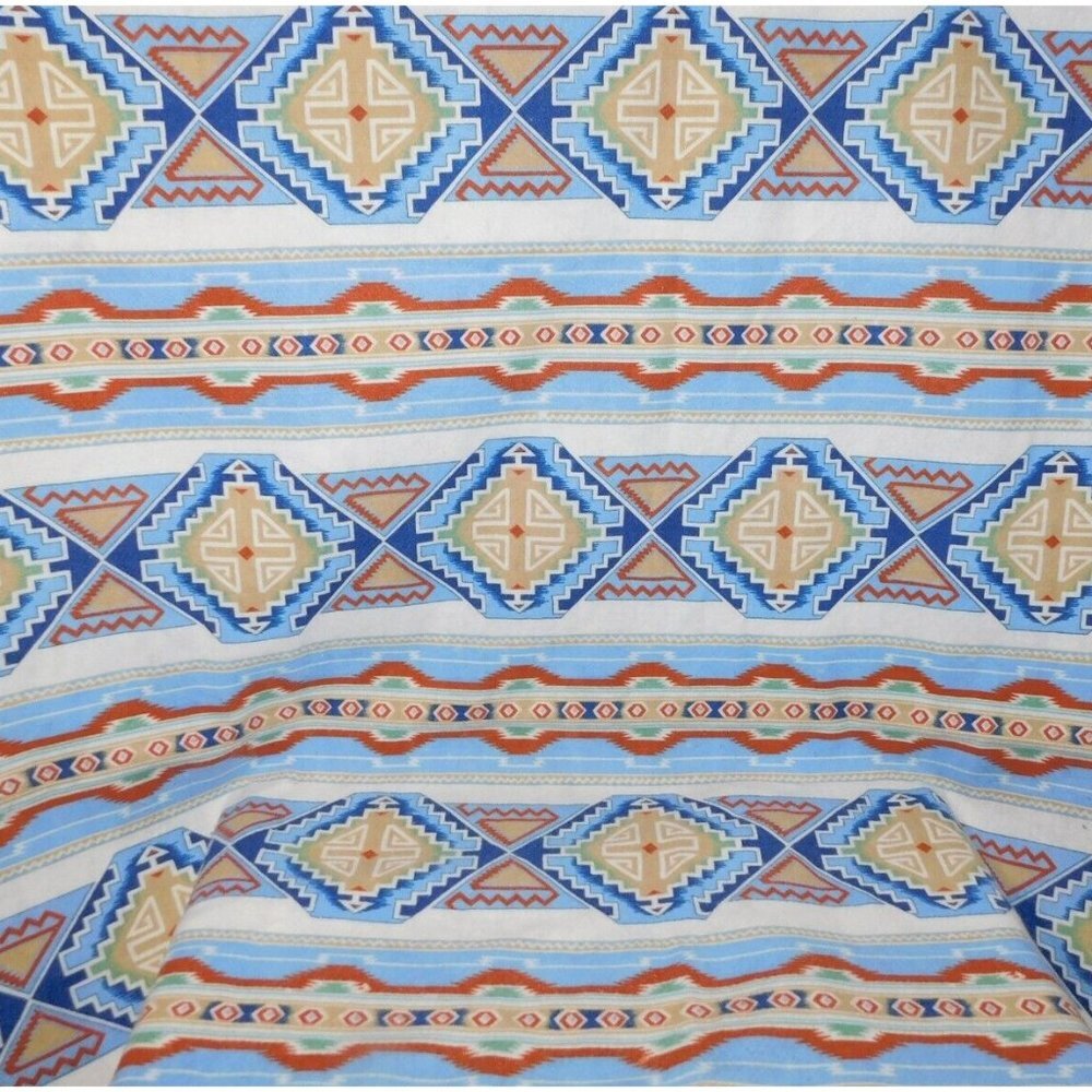 VTG Aztec Southwest Print Twin Blanket Nylon Poly 72" x 90" Blue Tan UNUSED